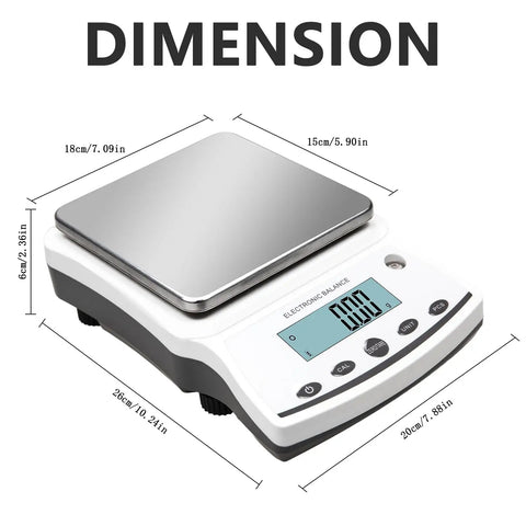 Top Notch 5000G Lab Scale With 0.01G Readability And Calibration Weights, showing dimensions in centimeters and inches