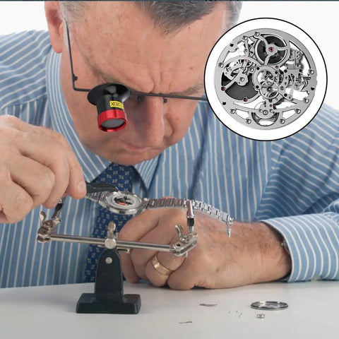 Watchmaker using 20X Watchmaker Loupe Magnifier for Pro Grade Precision in watch repair, featuring glass lens for detailed inspection.