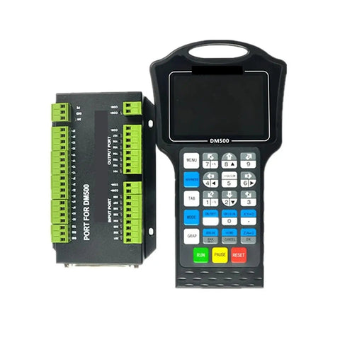 3 And 4 Axis DM500 Handheld Offline Motion Controller With Pendant For CAD CAM G Code USB Flash Drive Included 500kHz Fast CNC Controller For Precise Machining And Plug And Play Portable Offline Programming, front view with controller box