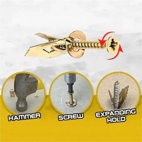 Self-Tapping Drywall Anchor Kit With Expansion Screws For Gypsum Board Walls No Pre-Drill Install Heavy Duty Wall Fixer Rust-Resistant Yellow Zinc Plated Carbon Steel Secure Mounts For Home And Office, yellow zinc screw anchor close-up