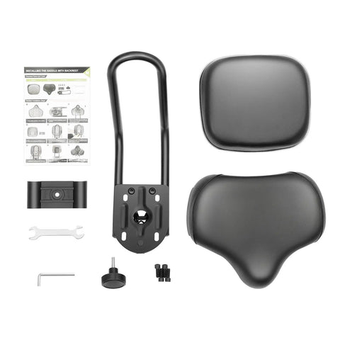 Extra Wide Bike Seat With Backrest For Most Bicycles Universal Fit For Trikes And EBikes PU Pad Cushion With Adjustable Backrest Comfy Oversize Saddle In All Black, parts shown