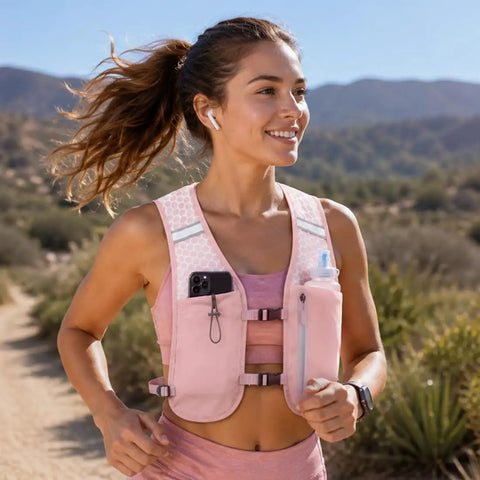 Woman running outdoors wearing Lightweight Running Hydration Vest For Men And Women With 6 Plus Pockets And Front Bottle Holders