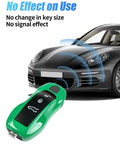Giant Python Green Porsche Key Case and Cover for Macan Cayenne 718 Cayman Panamera 911 Boxster in front of car