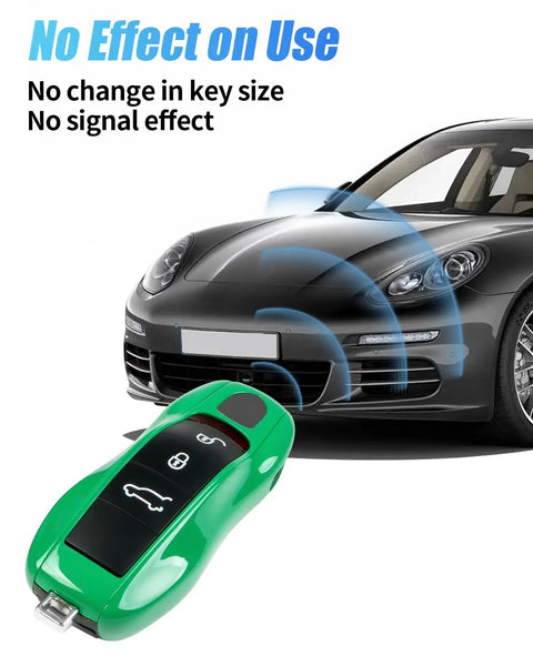 Giant Python Green Porsche Key Case and Cover for Macan Cayenne 718 Cayman Panamera 911 Boxster in front of car