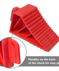 Heavy Duty Rubber Wheel Chocks Set Of 4 For Travel Trailers RV Campers And Trucks, Lightweight Yet Sturdy And Tough As Nails, TPR Material Holds Up To 3 Tons Capacity 6500 Lb, Red, showing grip handle detail.
