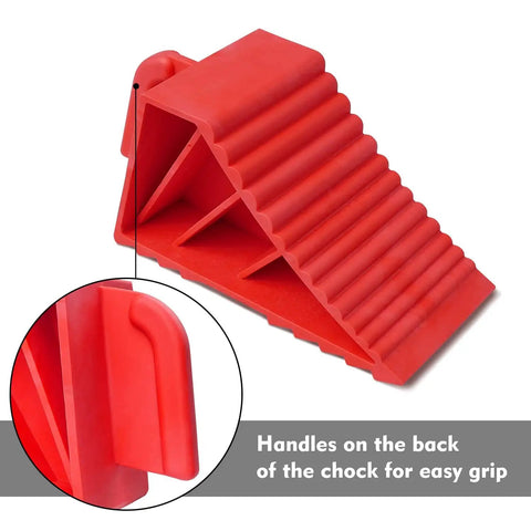 Heavy Duty Rubber Wheel Chocks Set Of 4 For Travel Trailers RV Campers And Trucks, Lightweight Yet Sturdy And Tough As Nails, TPR Material Holds Up To 3 Tons Capacity 6500 Lb, Red, showing grip handle detail.