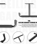 Overhead Ceiling Hook Rack 4 Pack Heavy Duty Ceiling Mount Hangers With Double T Bar for garage storage, black steel design.