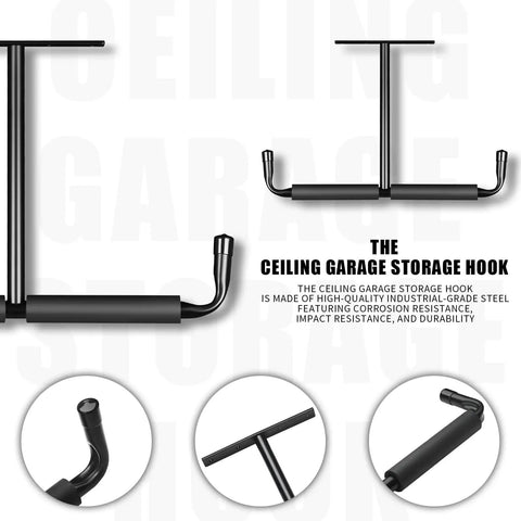 Overhead Ceiling Hook Rack 4 Pack Heavy Duty Ceiling Mount Hangers With Double T Bar for garage storage, black steel design.