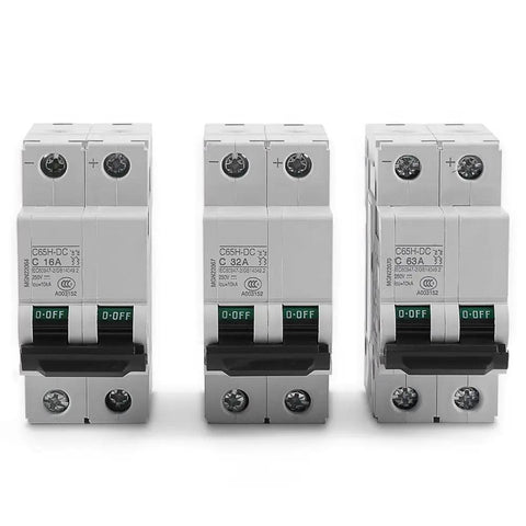 Three Two Pole 250V 32A DIN Rail Mount Miniature Circuit Breakers For Solar DC Systems, Plug And Play DC Disconnect Switches