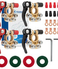 Mil Spec Battery Terminal Kit Top Post With Covers And Copper Lugs Heat Shrink Tubing Anti Corrosion Pads And Post Washer And Hex Wrench For SAE JIS A Type Vehicles Great For Auto Enthusiasts And DIY Wiring Projects with terminals, lugs, and tools.