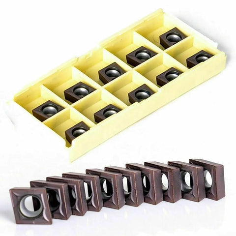 Set of 10 CCMT09T304 inserts for Pro Grade Boring Bar Lathe Holder Set, shown in protective casing for precision turning and roughing.
