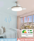 Smooth Operator 42 Inch Retractable Ceiling Fan With Super Quiet Dc Motor And Heavy Duty Build Smart Remote Control Three Color LED Lighting in bedroom.