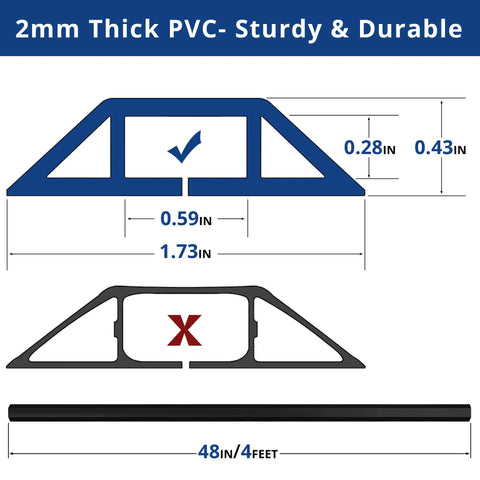 Diagram showing dimensions of Low Profile Floor Cord Cover 4ft for extension cords 2mm thick PVC durable sturdy with cross-section view