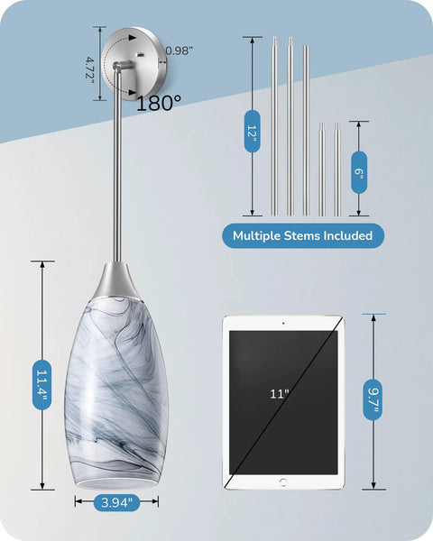 Modern Hand Blown Gray Marble Glass Pendant Light For Kitchen Island With Brushed Nickel Finish dimensions displayed next to iPad.