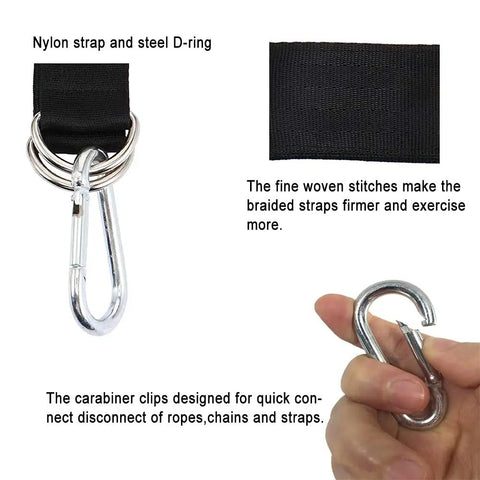 Two Pack Tree Swing Straps Hanging Kit with nylon strap, D-ring, and carabiner clip detail for easy installation.