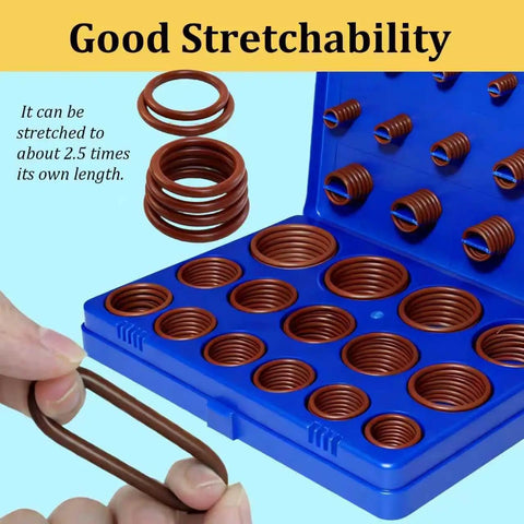 Viton O Ring Assortment Kit With 30 Sizes SAE FKM Seals, shown in blue case with rings being stretched, for versatile repairs.