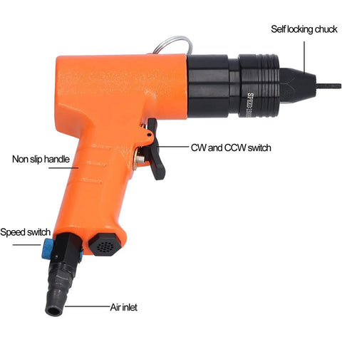 Hot Rod High-Speed Pneumatic Rivet Nut Gun Kit 1500 RPM Self-Locking Air Rivnut Tool for Bolting M3-M4 Fasteners on Cars and Shops with 1/4-Inch Air Hose, orange alloy steel body with air inlet