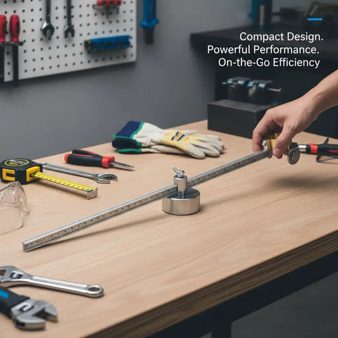 Pro Grade Circle Cutter For Plasma Cutter Guide Wheel Jig With Adjustable Rolling Guide on a workbench, showing metal base and ruler.