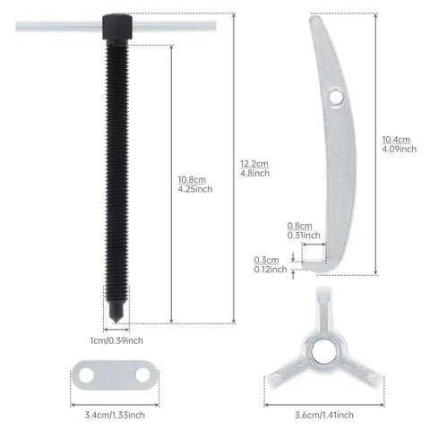 Parts diagram of Heavy Duty Three Jaw Gear Puller Tool For Auto And Mechanical Work with dimensions labeled