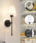 Set Of 2 Retro Industrial Hardwired Wall Sconces With White Fabric Shades in living room setting, showing E26 base details.