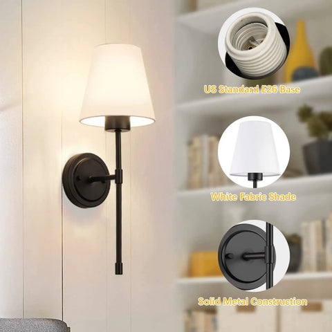 Set Of 2 Retro Industrial Hardwired Wall Sconces With White Fabric Shades in living room setting, showing E26 base details.