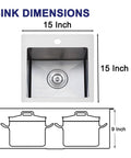 Drop In Bar Sink 15x15 Inch, Topmount Single Bowl, 16 Gauge Stainless Steel Kitchen Sink with dimensions and cutout diagram