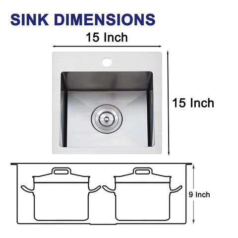 Drop In Bar Sink 15x15 Inch, Topmount Single Bowl, 16 Gauge Stainless Steel Kitchen Sink with dimensions and cutout diagram