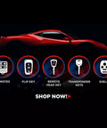 Remote, flip key, remote head key, transponder keys, shells icons below car silhouette, text 'Shop Now!'