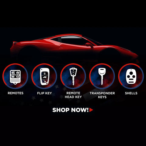Remote, flip key, remote head key, transponder keys, shells icons below car silhouette, text 'Shop Now!'
