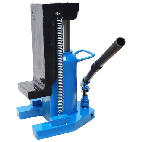 Tough As Nails Hydraulic Toe Jack With Heavy Steel Build Delivers Hella Serious Lifting Power Handling Fifteen Ton Bottom Push And Thirty Ton Top Capacity For Smooth Garage Mods And Quick Emergency Recovery side view showing blue base and black lifting arm.
