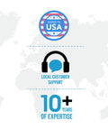 Infographic showing USA-based local customer support and over 10 years of expertise.