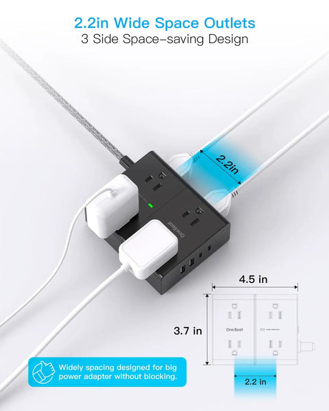 Hella Dependable 25 Ft Extension Cord With Flat Plug Surge Protector Power Strip showing 3 outlet design with space-saving layout.