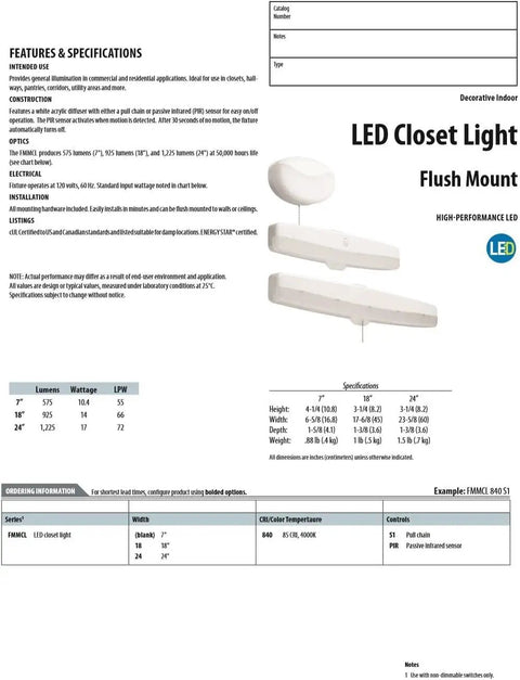 LED Flush Mount Closet Light With Motion Sensor For Bedroom, Bathroom, Pantry And Utility Room, Damp Rated And Hardwired, 18 Inch, Energy Efficient LED, Motion Activated Auto Off After 30 Seconds Of No Motion, Easy Install No Fuss Setup product sheet.