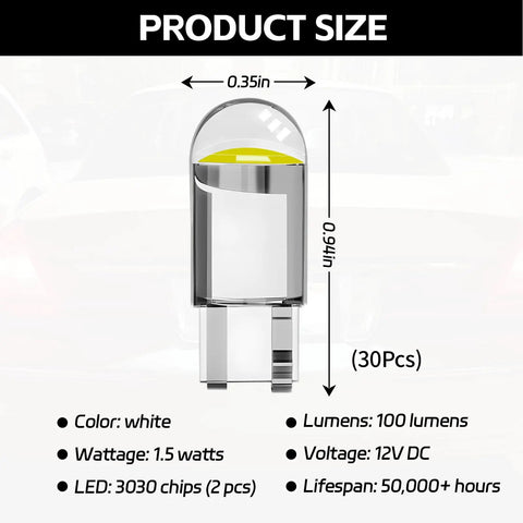 30 Pcs T10 Wedge LED Bulbs Kit For Car Interior Lights Replacement product size dimensions and specifications