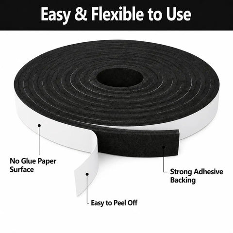 Heavy Duty Single Sided Foam Weather Stripping Tape 1/2 Inch Wide 1/4 Inch Thick 16.5 Feet Long, showing peel-off adhesive backing.