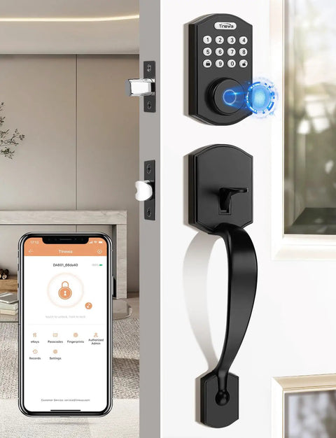Fingerprint Door Lock Set With Keyless Entry Knob And Lever Handle, matte black electronic keypad deadbolt installed on door