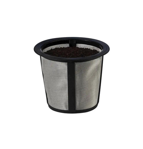My K Cup Universal Reusable K Cup Pod Coffee Filter filled with ground coffee, black mesh design, compatible with Classic One Point Zero Makers.