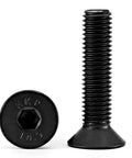 Flat Head Hex Socket Cap Screws Built For Tough Jobs 10mm Diameter 30mm Length M10 One Point Five Pitch Countersunk Bolts Ten Point Nine Grade Alloy Steel Black Oxide Finish Allen Hex Drive Fully Threaded Metric Machine Screws 10 Pack, front and side view.