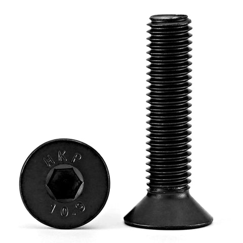 Flat Head Hex Socket Cap Screws Built For Tough Jobs 10mm Diameter 30mm Length M10 One Point Five Pitch Countersunk Bolts Ten Point Nine Grade Alloy Steel Black Oxide Finish Allen Hex Drive Fully Threaded Metric Machine Screws 10 Pack, front and side view.