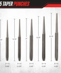 5 taper punches from the 16 Piece Punch And Chisel Set For Woodworking Metalworking And Auto DIY Projects, showing sizes and dimensions.
