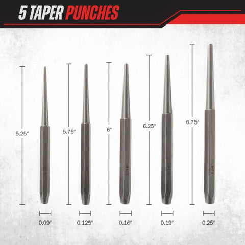 5 taper punches from the 16 Piece Punch And Chisel Set For Woodworking Metalworking And Auto DIY Projects, showing sizes and dimensions.