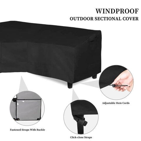 600D Patio V Shaped Sectional Sofa Cover Waterproof Outdoor Furniture Cover Built Tough Heavy Duty Garden Cover With Air Vent 89 Inches Long On Each Side 33.5 Inches Deep 31 Inches High Black showing fastened straps and adjustable hem cords