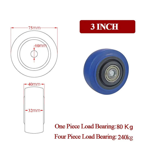 Set of 4 Heavy Duty Caster Wheels for Furniture and Industrial Equipment, 3 inch diameter, rubber wheel measurements