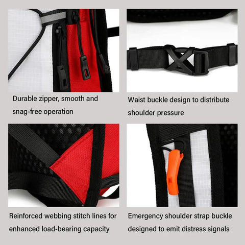 Close-up view of the All Terrain Hydration Backpack With 2L Water Bladder Lightweight Outdoor Pack showing zipper, buckle, and stitching details.