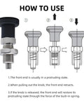 Grip Tight Two Piece M20 Thread Stainless Steel Ball Nose Spring Plunger Pair With Quick Twist Knob showing usage instructions and details.
