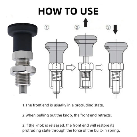 Grip Tight Two Piece M20 Thread Stainless Steel Ball Nose Spring Plunger Pair With Quick Twist Knob showing usage instructions and details.