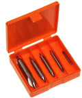 Five Piece Center Drill And Countersink Lathe Bit Set M2 High Speed Steel Starter Bits in orange case, open view