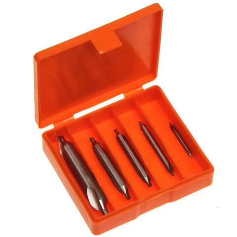Five Piece Center Drill And Countersink Lathe Bit Set M2 High Speed Steel Starter Bits in orange case, open view