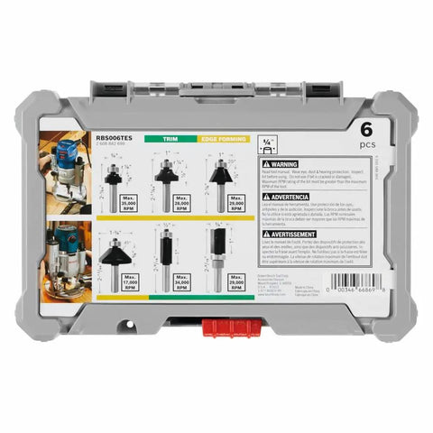 RBS006TES 6 Piece Carbide Tipped Trim and Edging Router Bit Set in storage case with product details visible