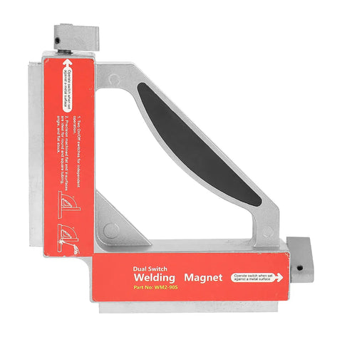 Heavy Duty Dual Switch Welding Magnet Fixture With 90 Degree Angles and Bottom V Groove for Round Bars, viewed from side.